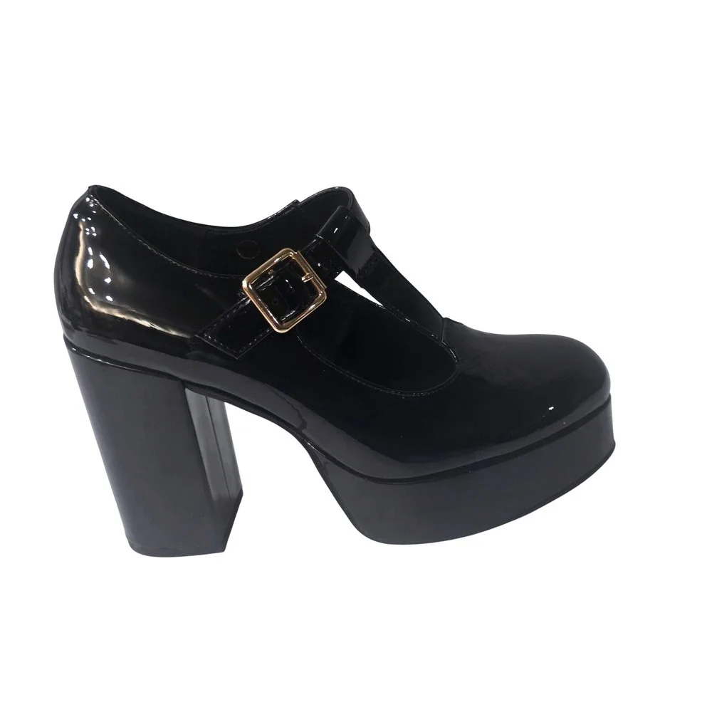 Coutgo Womens Black Patent Mary Jane Platform T-Strap Chunky Block Heel Sz 7.5